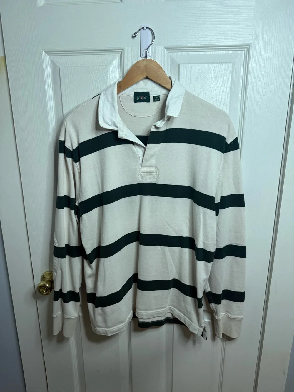 J. Crew Cream Long-Sleeve Rugby Polo with Dark Green Stripes